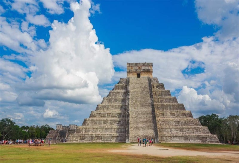 AOFOTO 7x5ft Maya Chichen Itza Pyramid Backdrop Ancient Mayan Ruins Wonder of The World Mexico Culture Historical Building Photography Background Blue Sky Clouds Travel Photo Booth Props Vinyl - Image 1